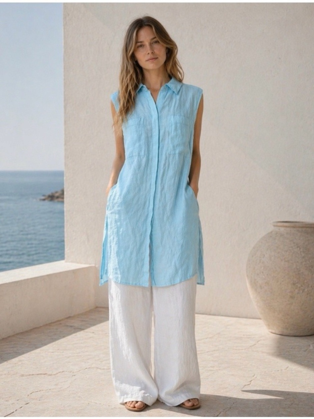 Chico’s Linen Side Slit Tunic Shirt in Aqua Button Down New Size Large - Picture 11 of 11
